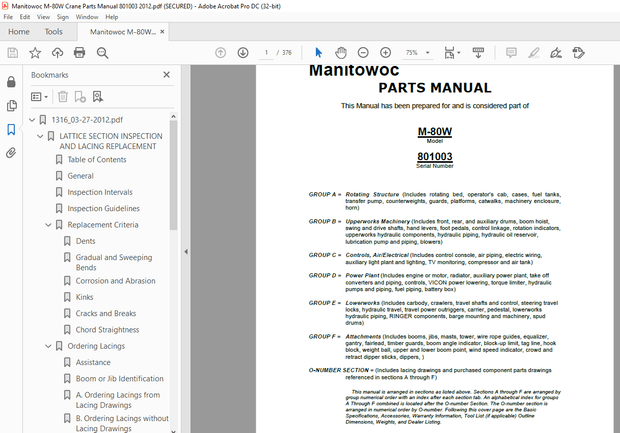 Manitowoc Traditional Crane M-80W Parts Manual SN 801003 – PDF DOWNLOAD