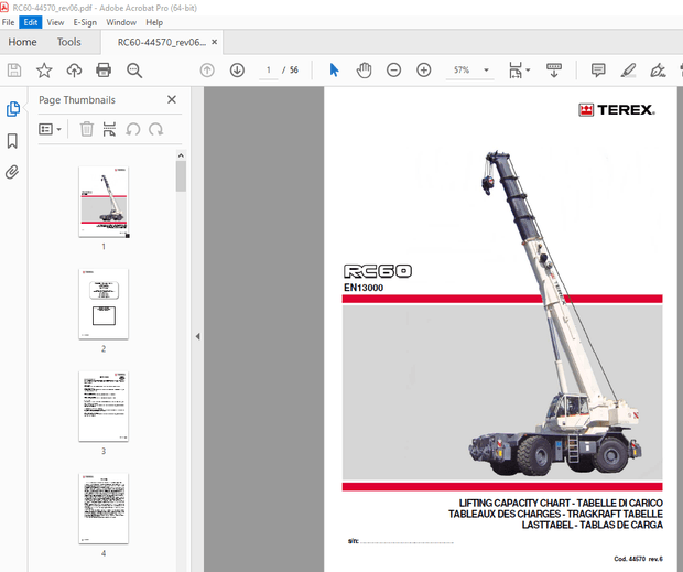 Terex Crane RC60 EN13000 Lifting Capacity Chart Manual 44570 – PDF DOWNLOAD