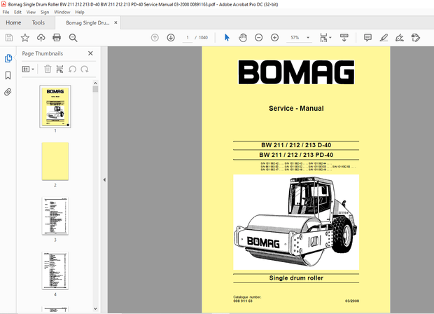 Bomag BW 211 212 213 D-40 BW 211 212 213 PD-40 Single Drum Roller Service Manual 00891163 – PDF 