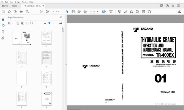 Tadano TR-400EX Hydraulic Crane Operation &amp; Maintenance Manual – PDF