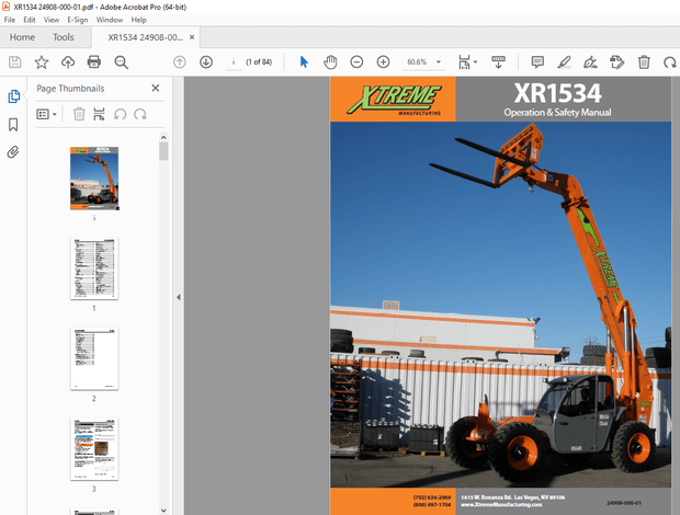 XTREME Telehandler XR1534 Operation &amp; Safety Manual 24908-000-01 PDF