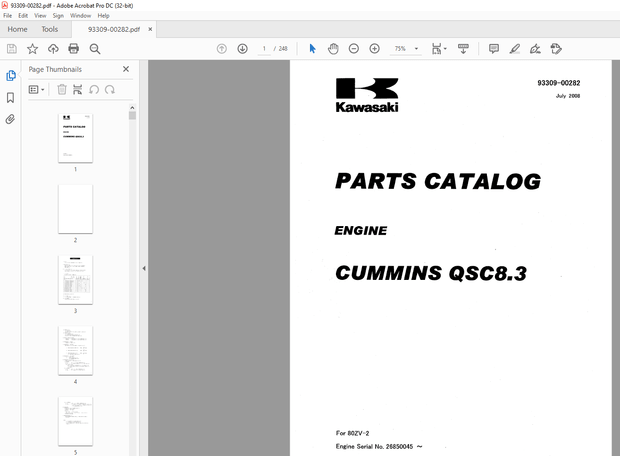 Kawasaki CUNINIINS QSCB.3 ENGINE Parts Manual 93309-00282 -  PDF DOWNLOAD  