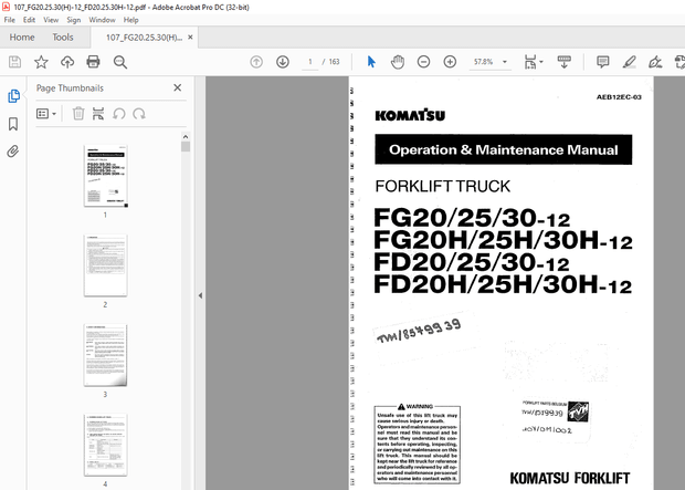 Komatsu FORKLIFT TRUCK FG20/25/30-12FG20H/25H/30H-12FD20/25/30-12FD20H/25H/30H-12 Parts Manual - PDF