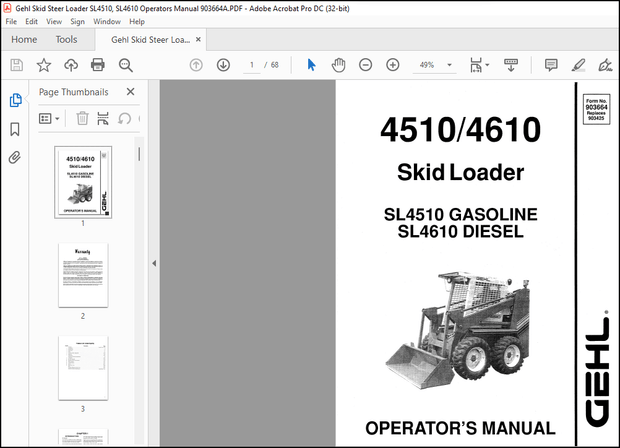 Gehl SL4510 GASOLINE SL4610 DIESEL Skid Loader Operator’s Manual 903664 – PDF DOWNLOAD