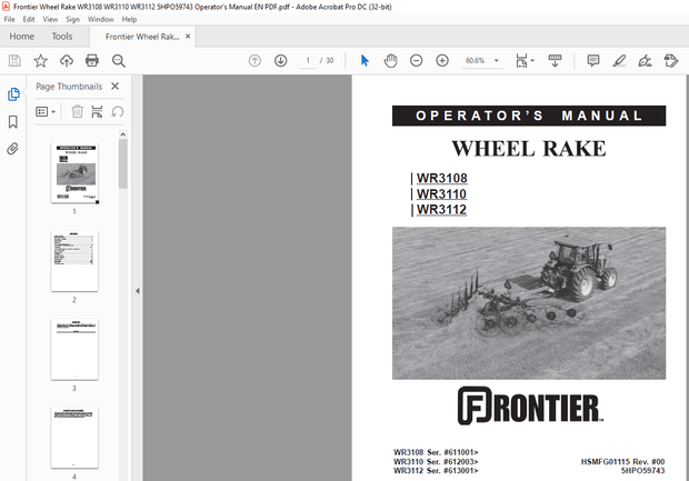 Frontier Wheel Rake WR3108 WR3110 WR3112 Operator’s Manual(5HPO59743) – PDF DOWNLOAD