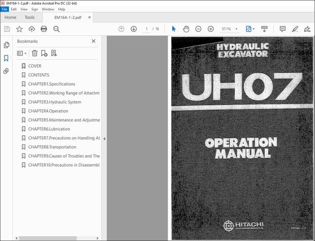 Hitachi Hydraulic Excavator UH07 Operation Manual(EM164-1-2) – PDF DOWNLOAD