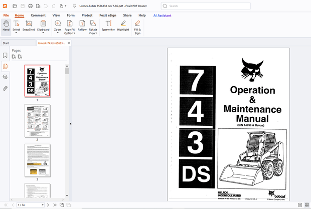 Bobcat 743DS Operation &amp; Maintenance Manual - PDF DOWNLOAD