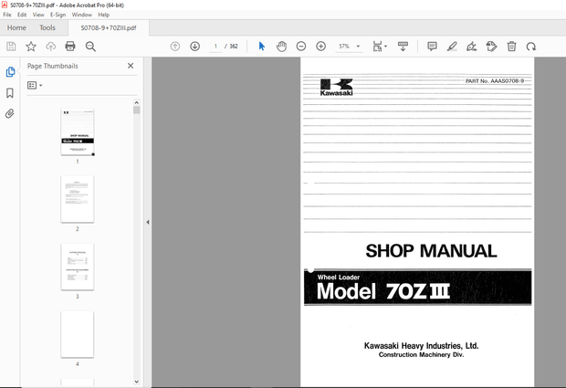 Kawasaki 70ZIII Wheel Loader Shop Manual - PDF DOWNLOAD