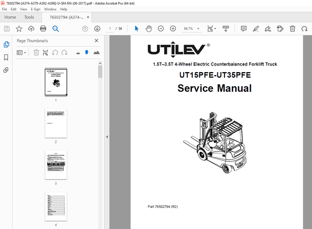 UTILEV UT15PFE UT35PFE 1.5T-3.5T 4-Wheel Electric Forklift Truck Service Manual PDF
