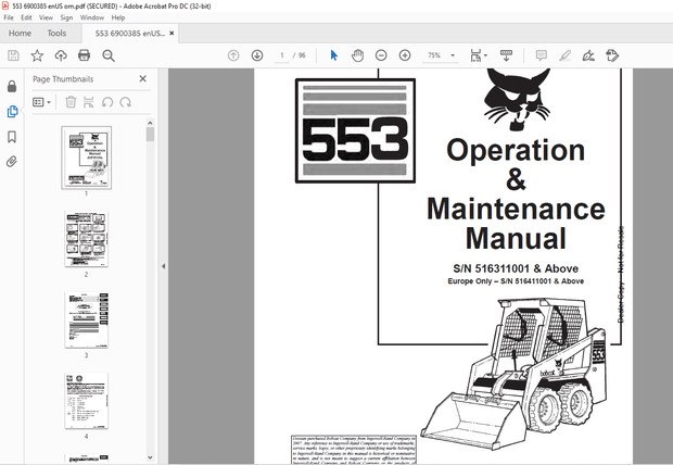 Bobcat 553 Loader Operation &amp; Maintenance Manual 6900385 - PDF DOWNLOAD