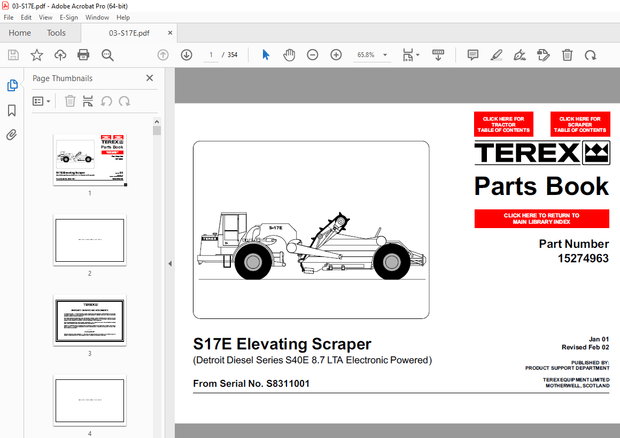 Terex S17E Elevating Scraper (Detroit Diesel Series S40E 8.7 LTA Electronic Powered) Parts Manual - 