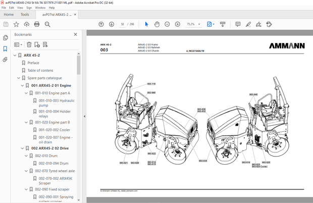 Ammann ARX 45-2 Tandem Roller Parts Manual SN 3021040 PDF