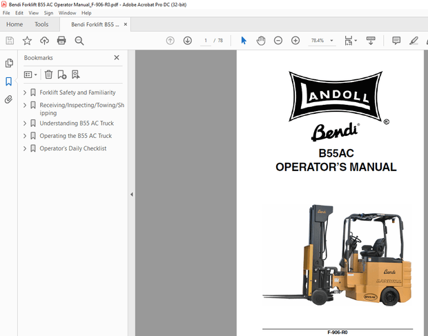 Bendi Landoll Forklift B55AC Operator’s Manual F-906-R0 – PDF DOWNLOAD