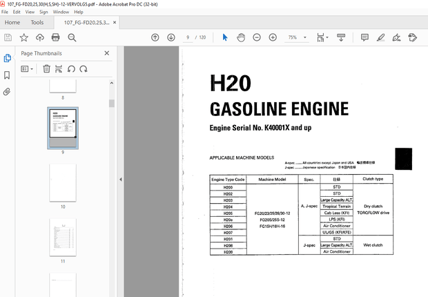 Komatsu FORKLIFT H20 GASOLINE ENGINE Parts Manual - PDF DOWNLOAD