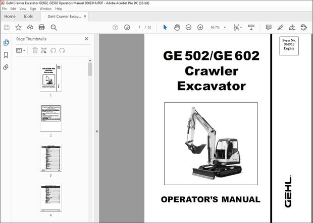 Gehl Crawler Excavator GE602, GE502 Operators Manual 906931A – PDF DOWNLOAD