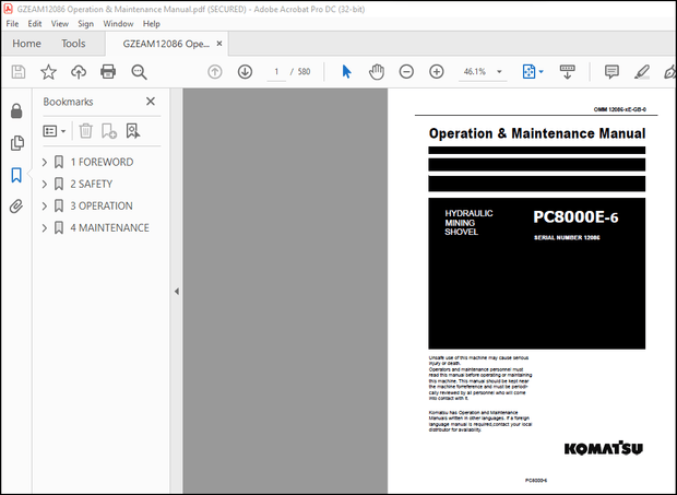 Komatsu Hydraulic Mining Shovel PC8000E-6 Operator &amp; Maintenance Manual – PDF DOWNLOAD
