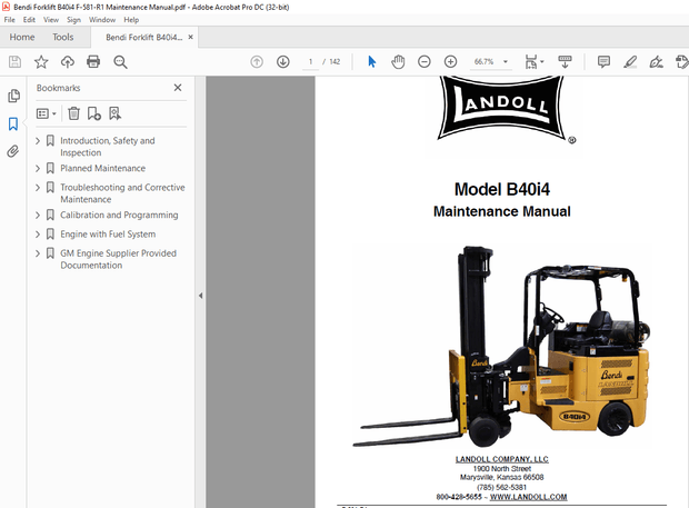 Bendi Landoll Forklift B40i4 Maintenance Manual F-581-R1  –  PDF DOWNLOAD