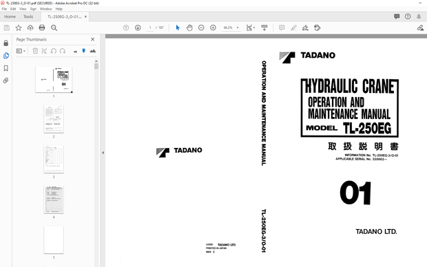 Tadano HYDRAULIC CRANE TL-250EG OPERATION AND MAINTENANCE MANUAL PDF