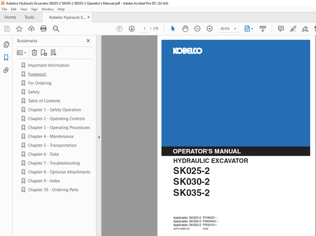 Kobelco SK025-2 SK030-2 SK035-2 Hydraulic Excavator Operator’s Manual – PDF DOWNLOAD