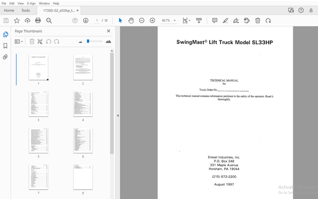 Drexel SwingMast Lift Truck SL33HP Technical Manual 17350-02 – PDF DOWNLOAD