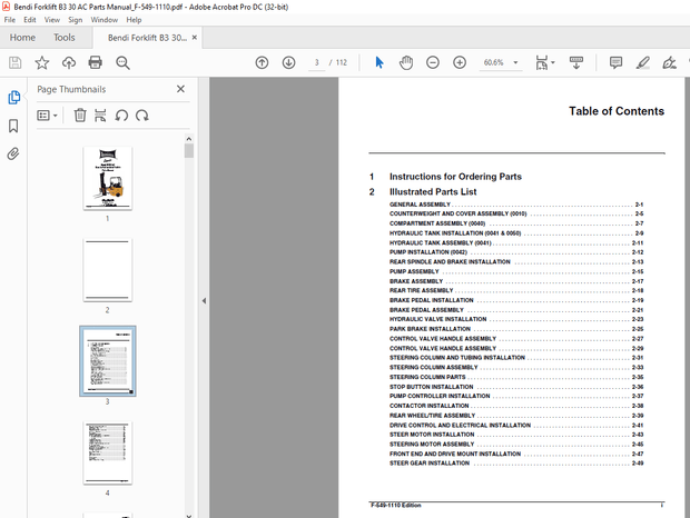 Landoll Bendi Forklift B3/30 AC Electric Narrow Aisle Forklift Parts Manual F-549-1110 – PDF DOWNLOA