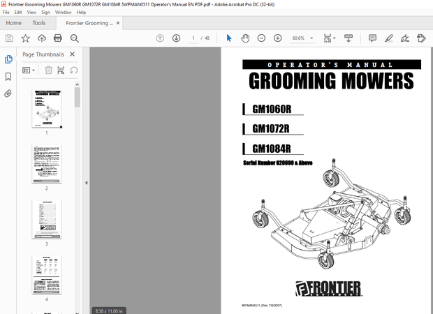 Frontier Grooming Mowers GM1060R GM1072R GM1084R Operator’s Manual(5WPMAN0511) – PDF DOWNLOAD