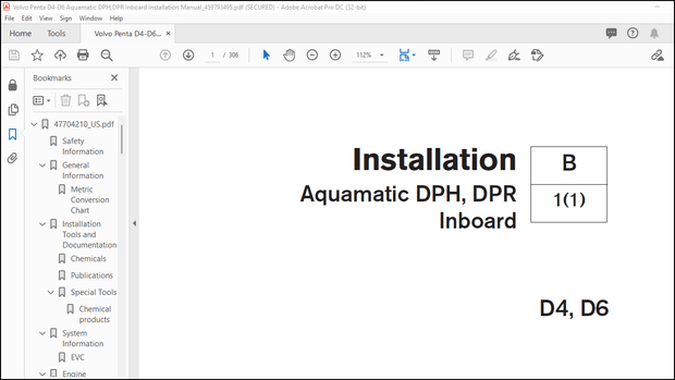 Volvo Penta D4, D6 Aquamatic DPH,DPR Inboard Installation Manual 459793495 – PDF DOWNLOAD