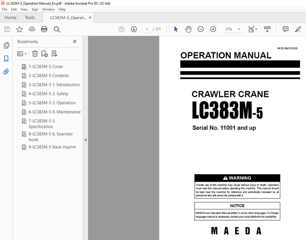 Maeda Crawler Crane LC383M-5 Operation Manual 541E-OM1010-00 – PDF DOWNLOAD