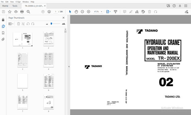 Tadano TR-200EX Hydraulic Crane Operation &amp; Maintenance Manual – PDF