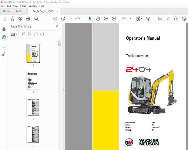 Wacker Neuson 2404 Track Excavator Operator&#x27;s Manual 1000243672 - PDF DOWNLOAD 