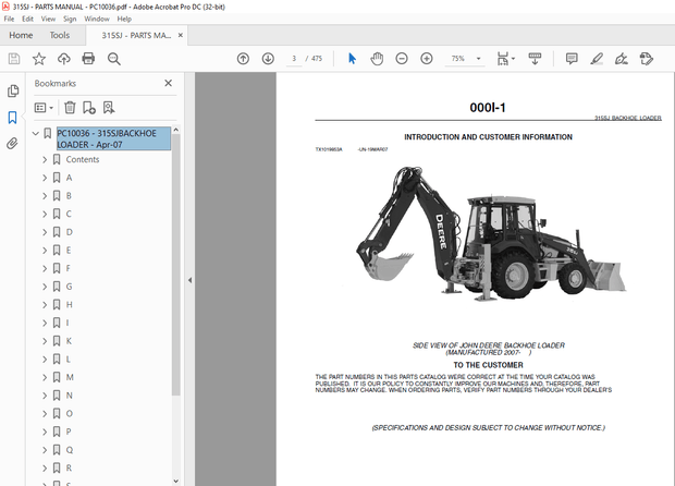 John Deere 315SJ BACKHOE LOADER PARTS MANUAL PC10036 - PDF DOWNLOAD