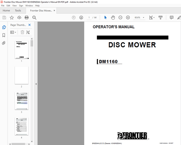 Frontier Disc Mower DM1160 Operator’s Manual(KN9N004A) – PDF DOWNLOAD