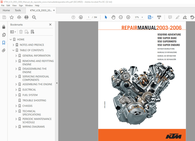 2003-2006 KTM 950/990 ADVENTURE 990 SUPER DUKE 950 SUPERMOTO 950 SUPER ENDURO Repair Manual - PDF DO