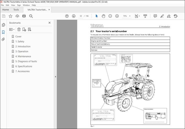 Valtra Series Orchard Tractor A650F A750F A850F A950F Operator’s Manual 87316100 – PDF DOWNLOAD