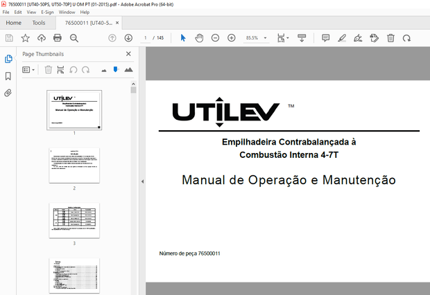 UTILEV Empilhadeira Contrabalançada à Combustão Interna 4-7T Manual de Operação PDF