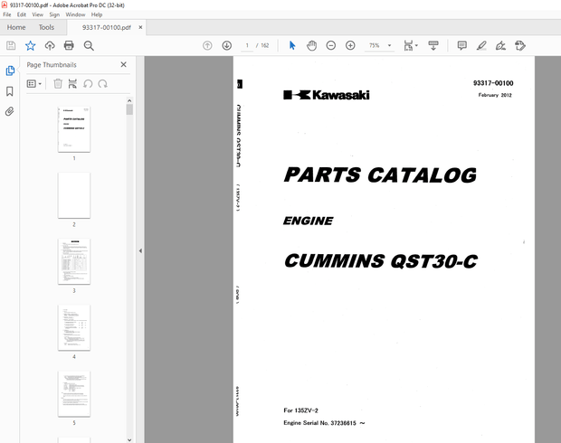Kawasaki Cummins QST30-C Engine Parts Manual (93317-00100) – PDF DOWNLOAD