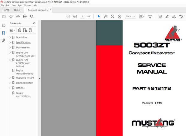 Mustang Compact Excavator 5003ZT Sevice Manual (918178) – PDF DOWNLOAD