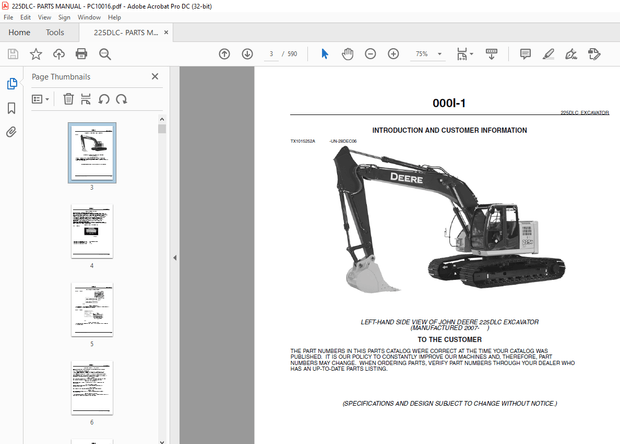 John Deere 225DLC Excavator Parts Manual PC10016 - PDF DOWNLOAD