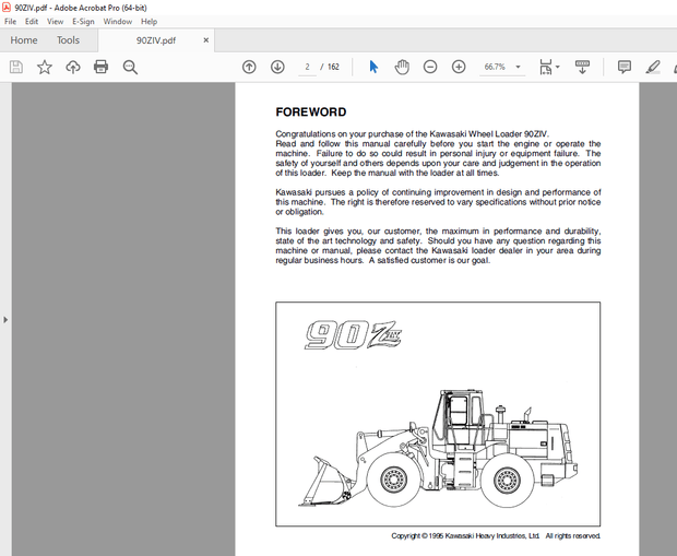 Kawasaki 90ZIV Wheel Loader Operator Manual - PDF DOWNLOAD