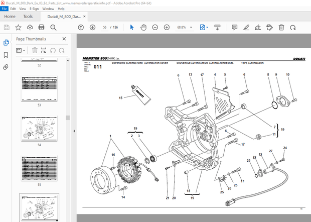 Ducati MONSTER 800DARK 2003 Parts Manual PN 91511691A- PDF DOWNLOAD 