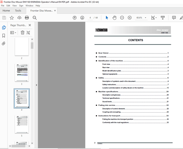 Frontier Disc Mower DM1160 Operator’s Manual(KN9N004A) – PDF DOWNLOAD