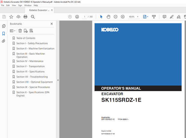Kobelco SK115SRDZ-1E Excavator Operator’s Manual – PDF DOWNLOAD