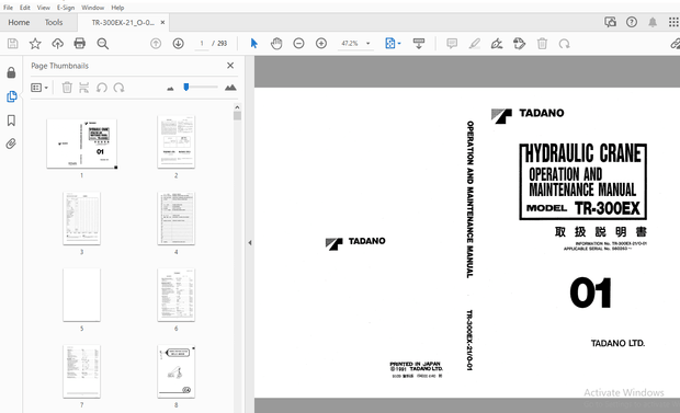 TADANO TR-300EX HYDRAULIC CRANET OPERATION &amp; MAINTENANCE MANUAL – PDF