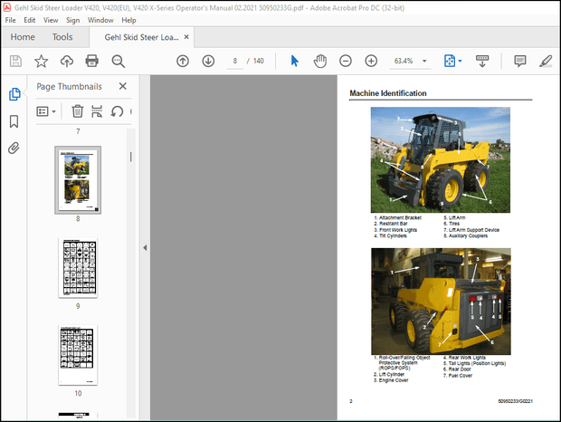 Gehl V4200 V420 (EU) V420 X-Series Skid-Steer Loaders Operator’s Manual 50950233 – PDF DOWNLOAD