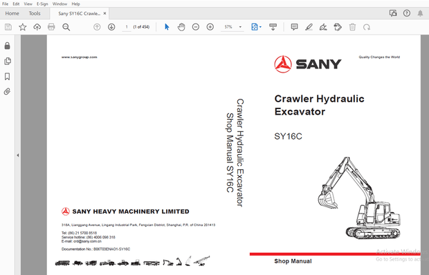 Sany SY16C Crawler Hydraulic Excavator Service Manual – PDF DOWNLOAD