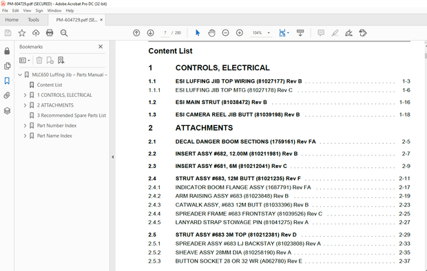 Manitowoc Crane MLC650 Luffing Jib Parts Manual 604729 PDF