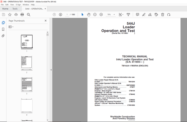John Deere 544J Loader Operation &amp; Test Technical Manual S.N. 611800 - PDF DOWNLOAD