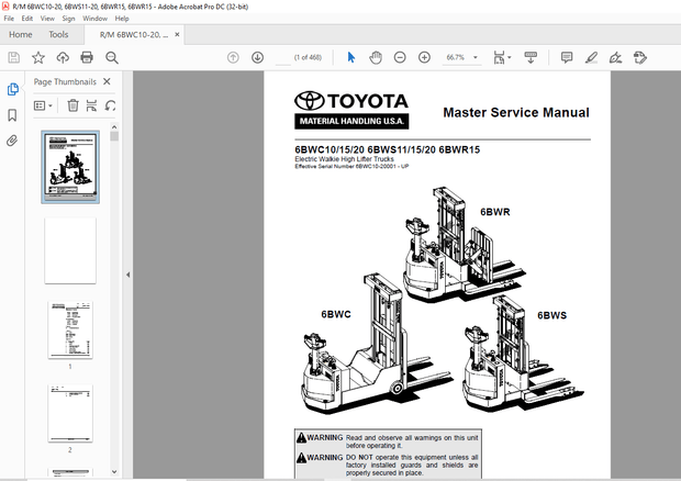 Toyota 6BWC10/15/20 6BWS11/15/20 6BWR15 Electric Walkie Lift Truck Service Manual - PDF DOWNLOAD