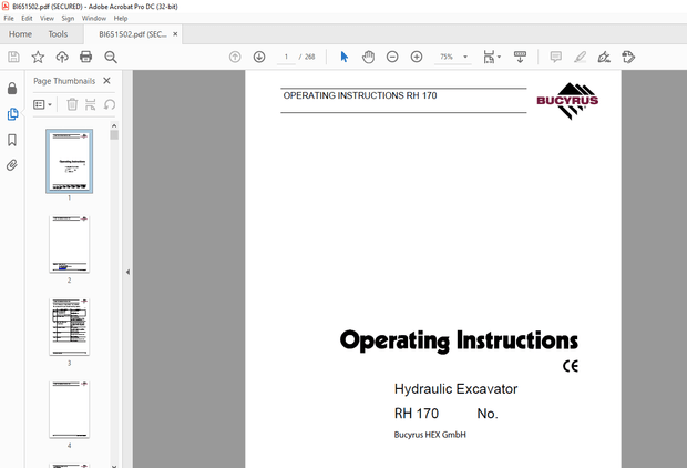 Cat Bucyrus RH 170 Hydraulic Excavator Operating Instructions Manual BI651502 – PFD DOWNLOAD