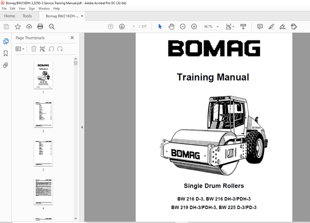 Bomag BW 216 D-3, BW 216 DH-3 PDH-3 BW 219 DH-3 PDH-3, BW 225 D-3 PD-3 Service Training Manual PDF